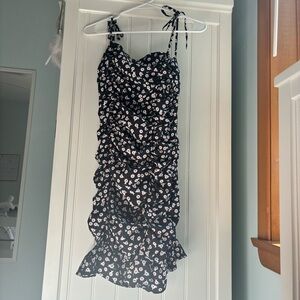 Tight Black Short Dress with Red and White Flowers and Spaghetti String Straps